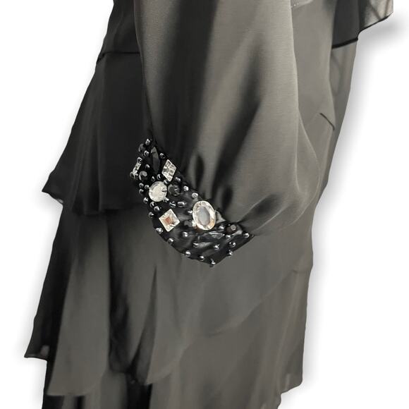 SLNY Long Sleeve Layered Ruffle Knee Length Dress Women's 10 Black Beaded NEW - Picture 6 of 8